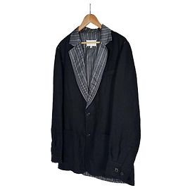 Maison Martin Margiela Men's Linen Stripe Layered Collar Blazer Jacket Black