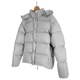 Miu Miu Women's Logo Puffer Hooded Nylon Down Jacket Gray Brown