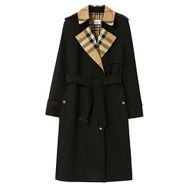 Burberry Long Checkered Collar Gabardine Trench Coat Black