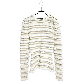 Balmain Damen Tweed Strick mit Schulterpolstern Weiß