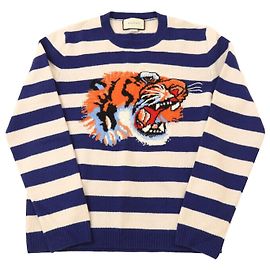 Gucci Gestreifter Tiger bestickter Wollstrickpullover Rot