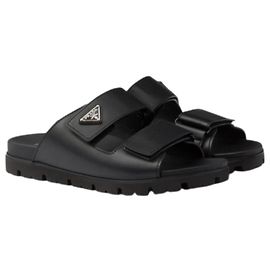 Prada Plack Double Strap Sandal Slide Black Black