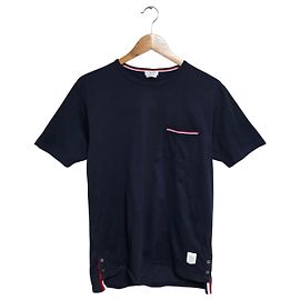 Thom Browne T-shirt a maniche corte a righe con tasca Blu