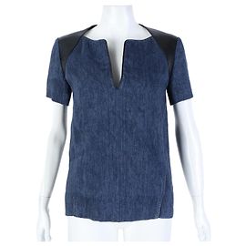 Camisa de linho com mangas curtas e detalhes em couro Hermès Azul