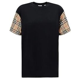 Burberry Camiseta de algodón oversized con mangas de cuadros vintage Negro