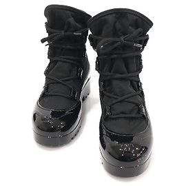 Chanel Schwarze Lacknylon-Plattform-Schnürstiefeletten für Damen Schwarz