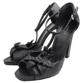 Gucci Black Python T-Strap Shoes Black