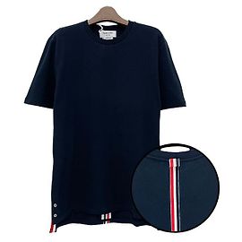 Thom Browne Cotton Pique Center Back Three Stripe Relaxed Fit Short Sleeve Tee Navy Blue