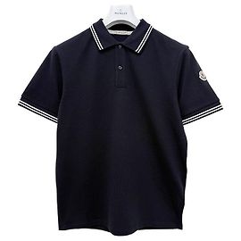 Polo in cotone piqué con patch logo Moncler e rifinitura a righe blu scuro Blu