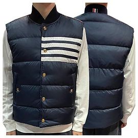 Thom Browne Diagonal Matte Nylon Goose Down Vest Navy Blue