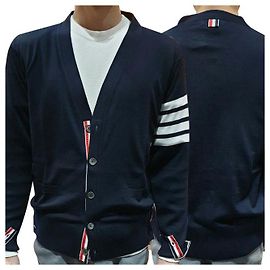 Thom Browne Diagonal Stripe Bar Merino Wool Cardigan Navy Blue