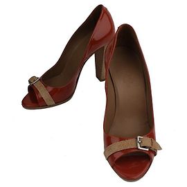 Hermès Red Brown Patent Open Toe Pumps Brown