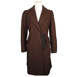 Prada Chocolate Brown Virgin Wool Embossed Long Coat Brown