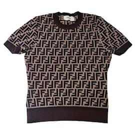 Fendi Kurzarmstrickshirt mit Logo Braun