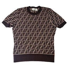 Fendi T-shirt en tricot à manches courtes avec logo Marron