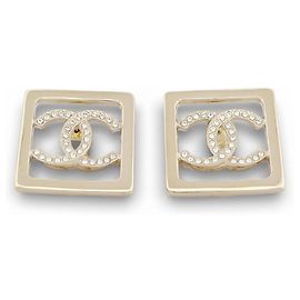 NEW CHANEL CC LOGO SQUARE STRASS GOLD EARRINGS Golden