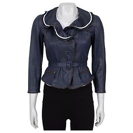 Alexander Mcqueen Chaqueta peplum de cuero azul marino con cinturón Azul oscuro