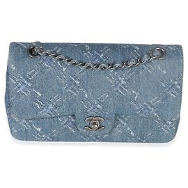 Chanel Blue Bleached Chain Printed Denim Medium Classic Double Flap Bag Blue