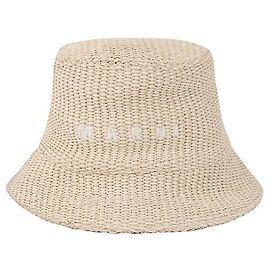 Marni Logo Embroidered Neutral Raffia Bucket Hat White