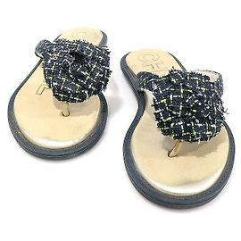 Chanel Navy Tweed Camellia CC Logo Flip Flop Sandals Blue