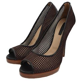 Longchamp Deep Brown Mesh High Heel Open Toe Shoes Brown