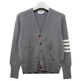 Thom Browne Diagonal Stripe Bar Milano Stitch Wool Cardigan Light Grey Brown