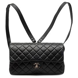 Chanel Black Medium Quilted Lambskin Flap Backpack Black