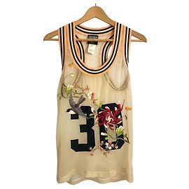 Canotta in seta trasparente "Maille" di Jean Paul Gaultier con ricamo floreale e numero 30 Nero Bianco Arancione Crudo