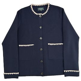 Autre Marque Navy blue merino wool cardigan with ecru embroidery Navy blue
