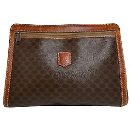 Céline Vintage Celine Paris Triomphe Monogram Leather Clutch Brown Brown