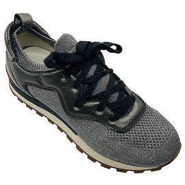 Brunello Cucinelli Silber Metallic Schimmer Strick- und Leder-Sneaker mit Monili Silber