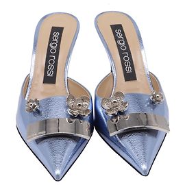 Sergio Rossi Embellished Pointed Mules in Light Blue Leather  Blue Light blue