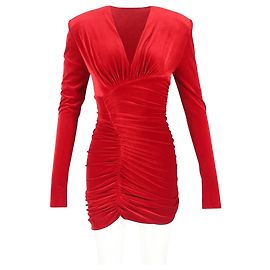 Robe Mini à Manches Longues Froncée en Velours Rouge d'Alexandre Vauthier Rouge Bordeaux