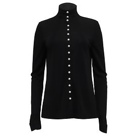 Schwarze Seidenbluse mit langen Ärmeln und perlenverzierten Knopfdetails von Chanel Schwarz