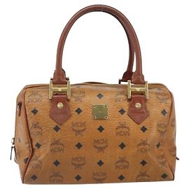 Bolsa de mão em lona e couro com logotipo Visetos da MCM Marrom