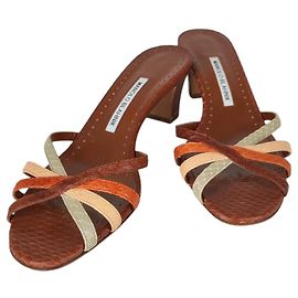 Manolo Blahnik Open Toe Snakeskin Mules Brown