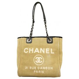 Chanel Deauville Canvas Chain Tote Bag Black White Beige