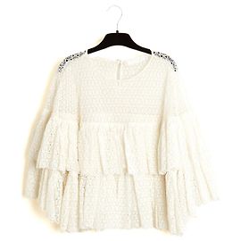 Chloé 2015 Top de Encaje FR40 Ecru Algodón Encaje Volantes Blusa UK12 US8 Chloe Crudo