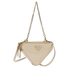 Prada Triangle Double Zip Pouch Bag with Chain Patent leather Beige