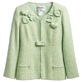 Jaqueta de tweed bouclé verde menta com zíper e apliques Chanel 04C FR 42 Verde Verde claro