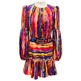 Robe midi en lin multicolore rose / bleu à rayures avec ceinture de Rebecca Vallance Multicolore