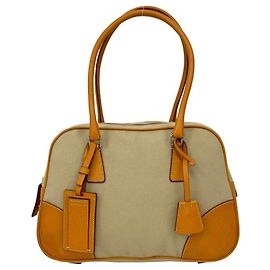 Prada Triangle Logo Canvas and Leather Tote Bag Beige