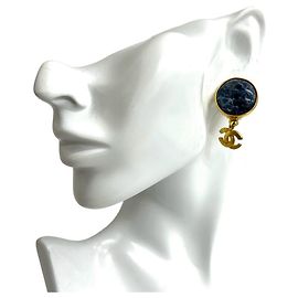 CHANEL Coco Mark Marble Stone GP Earrings Blue Golden