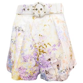 Zimmermann Rhythmic Floral-Print Gürtelshorts aus mehrfarbigem Leinen Mehrfarben
