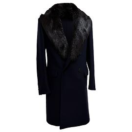 Prada Double Breasted Fur Coat in Navy Blue Virgin Wool Blue Navy blue