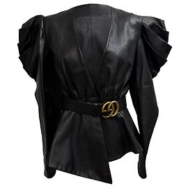 Giacca in pelle nera Gucci con scollo a V e maniche a sbuffo Nero