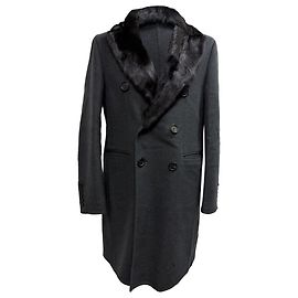 Burberry Fur Collar Coat in Grey Wool Grey