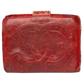 Vintage Chanel CC Leather Wallet Red Red