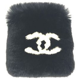 Chanel CC Coco Mark Logo Fur Bangle Bracelet Black White