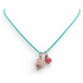 NUOVO COLLIER DODO POMELLATO CON PENDENTI CUCCHIAIO E TREVO IN ORO 9CT D'oro